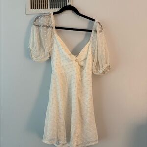 Selfie Leslie White Mini Dress with Sheer Polka Dot Flower Sleeves